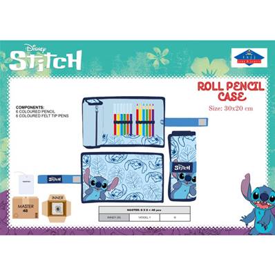 Trousse Enroulable Stitch Bleu avec 6 Feutres et 6 Crayons 30 x 20 Cm