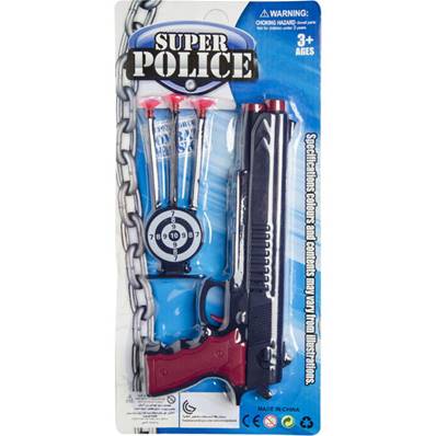Blister Pistolet Police avec 3 Flèches et Cible 17,5 x 37 Cm