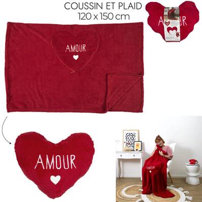Coussin et Plaid Sherpa Coeur 120 x 150 Cm