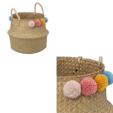 Panier Pliant avec Pompons Diamètre 33 Cm Roseau