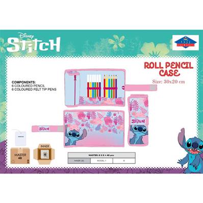 Trousse Enroulable Stitch Rose avec 6 Feutres et 6 Crayons 30 x 20 Cm