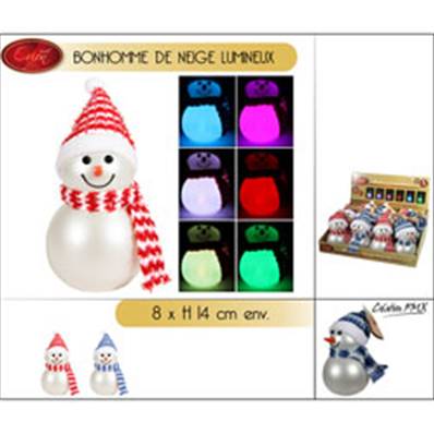 Bonhomme de Neige Lumineux Couleur Perle, D8 x 14H Cm Bleu et Rouge