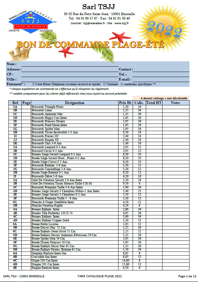 Tarifs Bon de Commande Catalogue Plage 2020